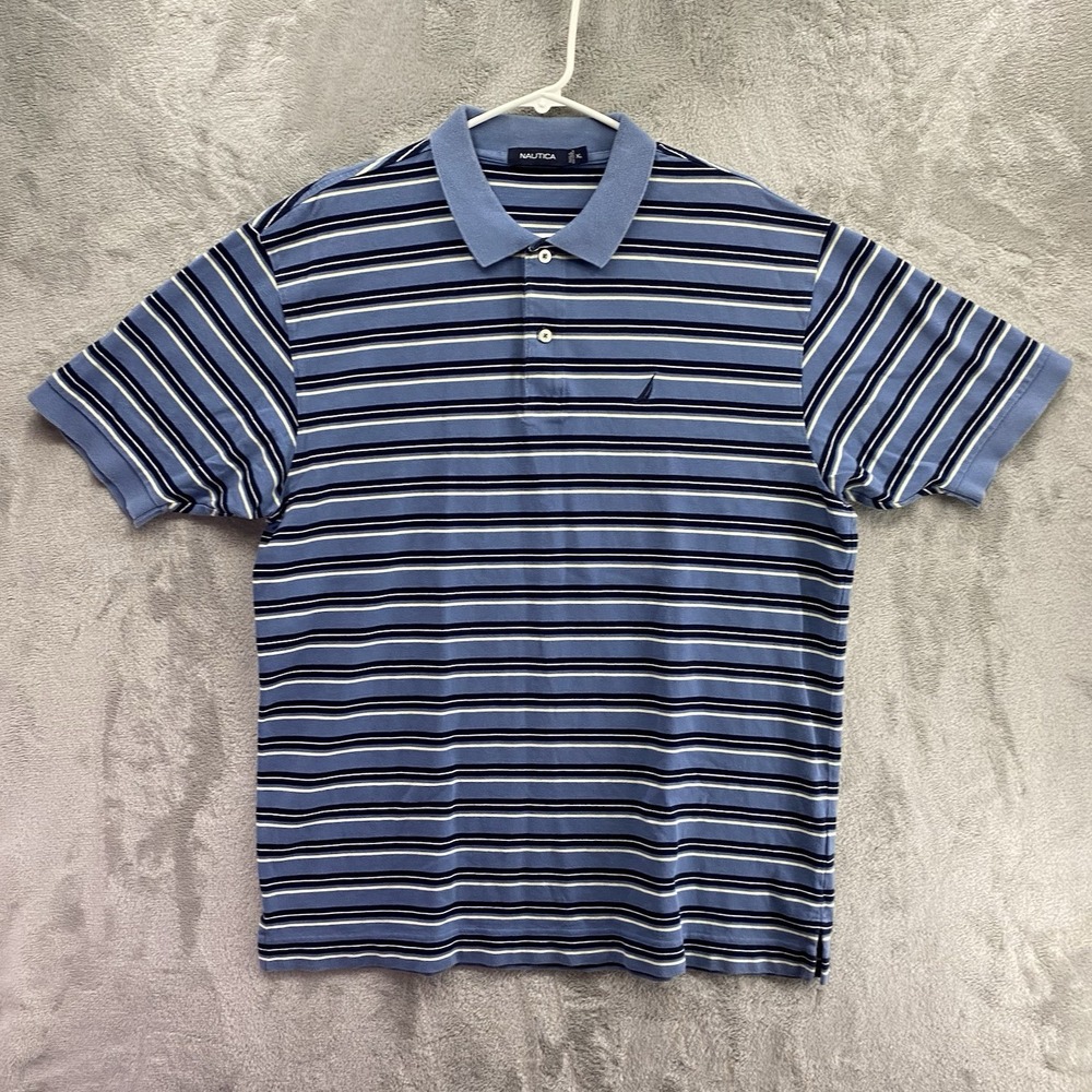 Nautica Striped Polo Shirt Mens XL Blue Navy Yellow 100% Cotton Short Sleeve EUC